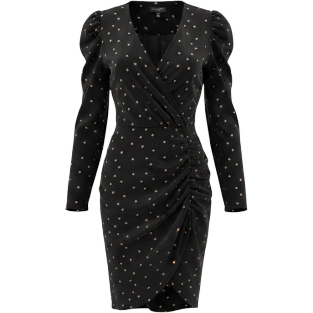 Current Air Star Print Dress Medium Black V-Neck Ruched Puff Sleeve Celestial